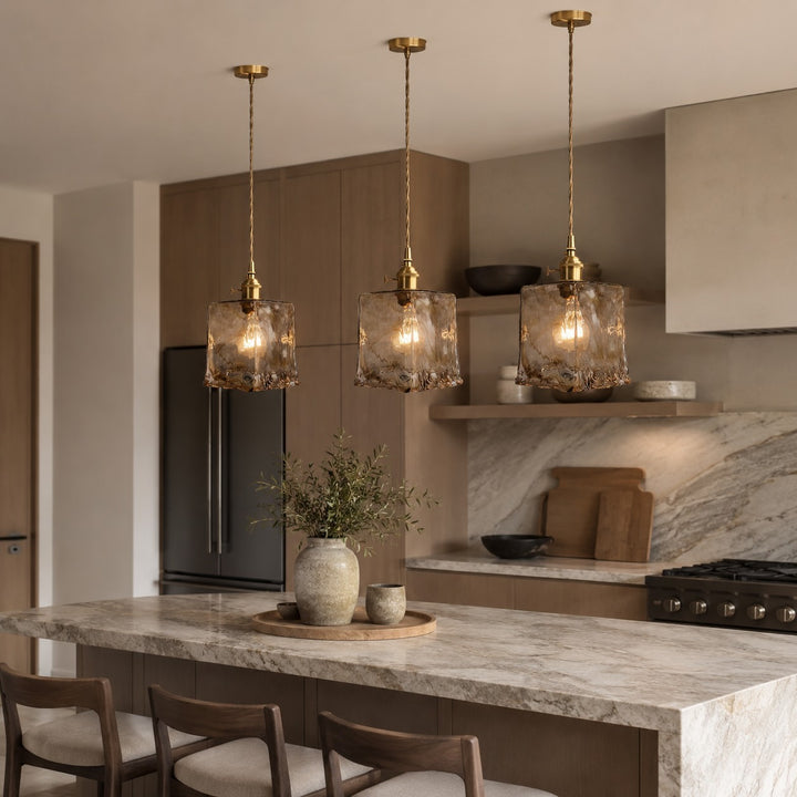 Vintage Brass Pendant Light with Adjustable Hanging Amber Glass Shade for Indoor Lighting