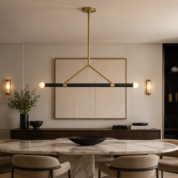 Modern Brass Black Linear Pendant Light Hanging Fixture with Frosted Globe Bulbs