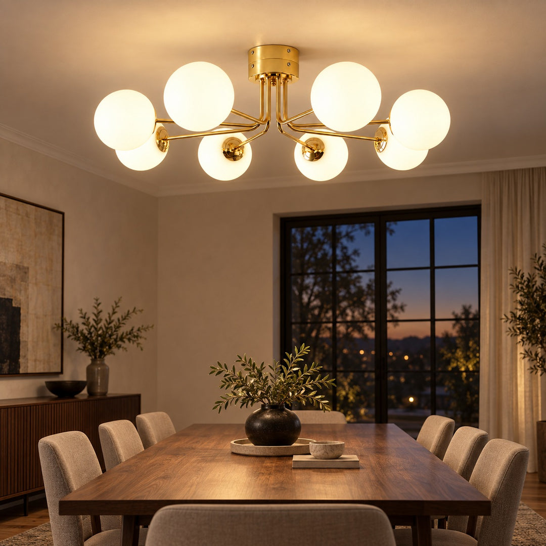 Modern Flush Mount Ceiling Light with Curved Metal and Glass Shade LED Compatible 6 Heads