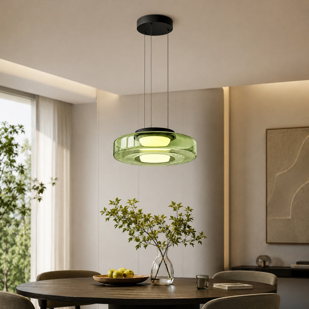 Modern Glass Pendant Light Hanging Fixture with Adjustable Height Dimmable LED and Iron Finish