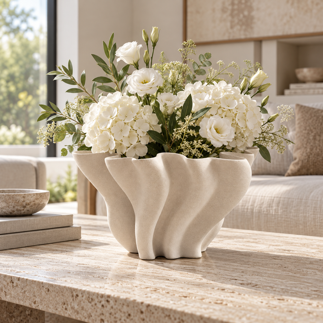Modern Sculptural Vase 3D Printed Fluted Design White Decorative Bowl 24 cm