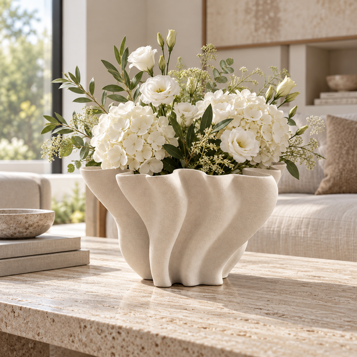 Modern Sculptural Vase 3D Printed Fluted Design White Decorative Bowl 24 cm