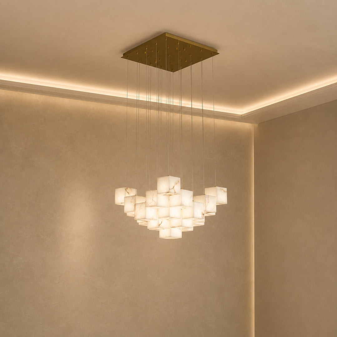 Modern Alabaster Box Pendant Light Hanging Fixture with LED Compatibility and Adjustable Height
