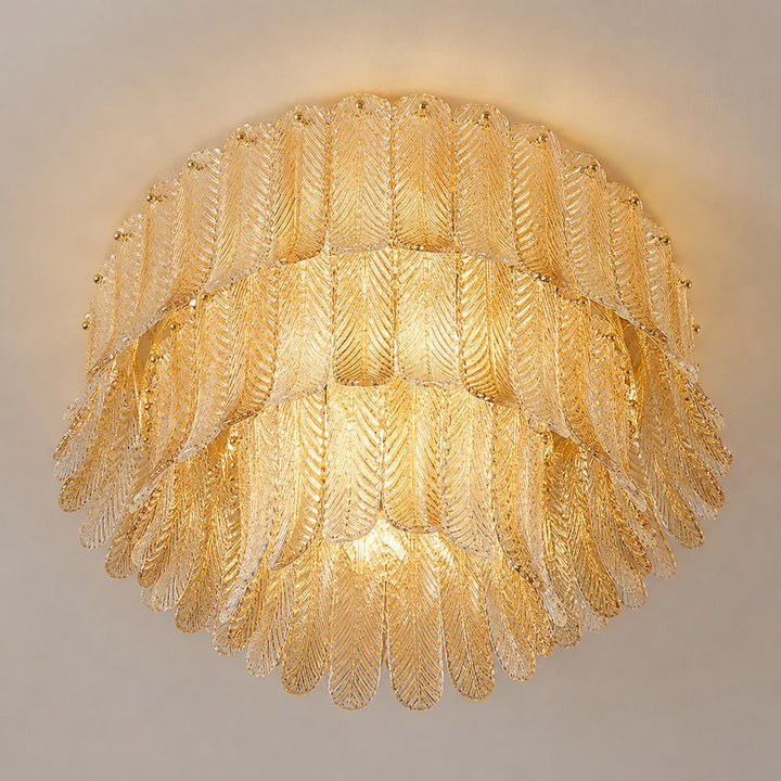 Art Deco Amber Glass Feather Ceiling Light – Brass Flush Mount Chandelier