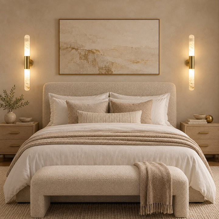 Modern Alabaster Wall Light Brushed Metal Fixture Warm White LED Illumination