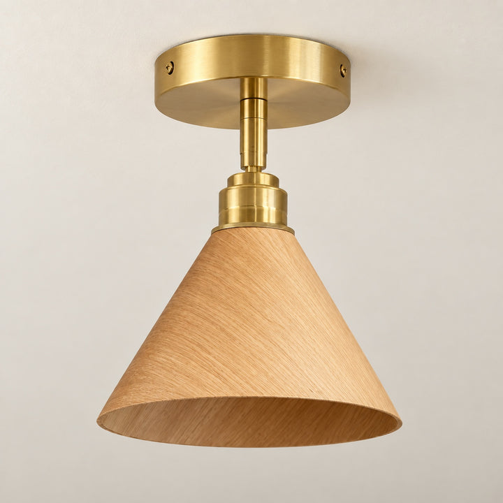 Modern Semi-Flush Ceiling Light Walnut Wood Brushed Brass LED Compatible Indoor Fixture