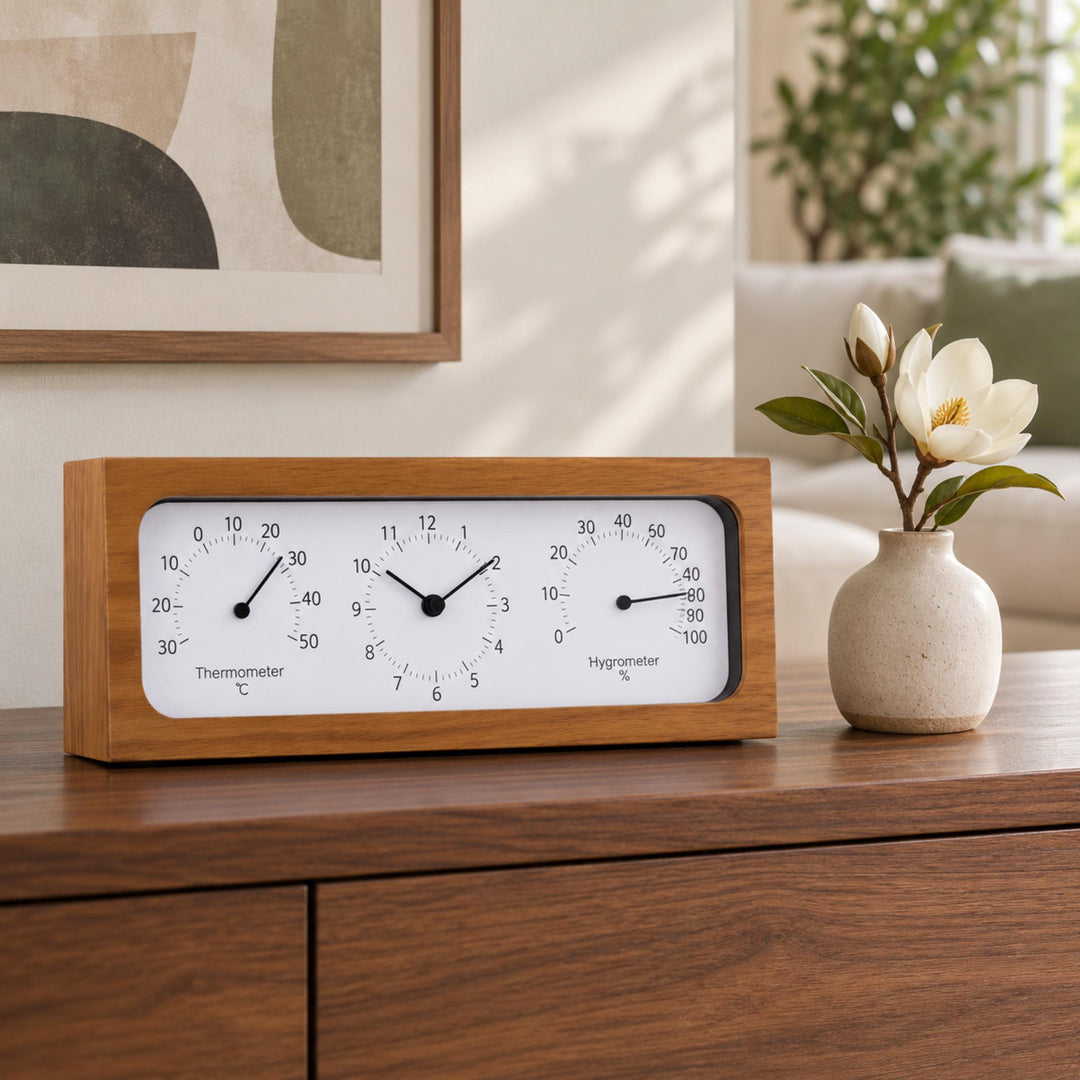 Minimalist Wooden Desk Clock with Temperature and Humidity Meter Battery Operated Bamboo