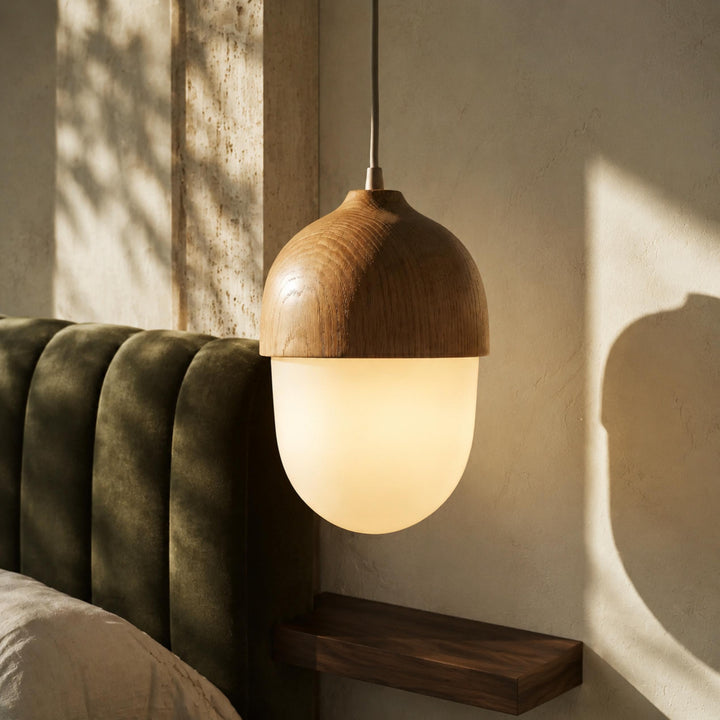 Modern Pendant Light Adjustable Hanging Fixture Wood Look Frosted Glass LED for Kitchen Island