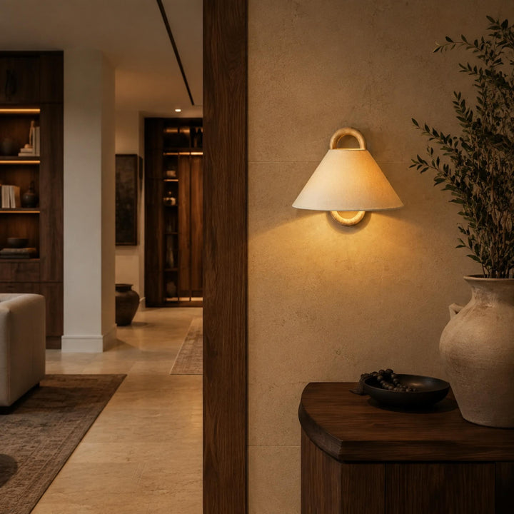 Minimalist Wall Light Wall Mounted Beech Wood Base Fabric Shade LED Soft Ambient Lighting