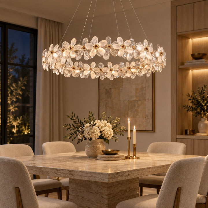 Modern Crystal Chandelier Adjustable Height K9 Crystal LED Hanging Light Fixture with Three Color Temperatures