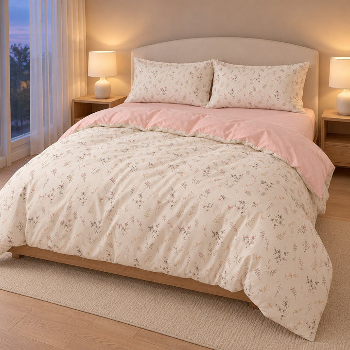 Floral Print Bedding Set in Pale Pink Color Soft Polyester Duvet Cover and Flat Sheet