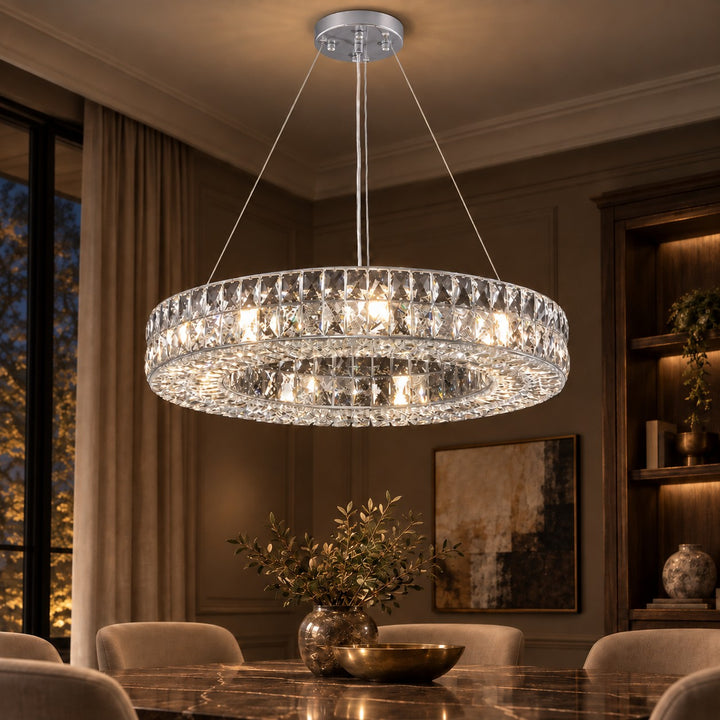Modern Crystal Chandelier Adjustable Height Gold Metal Frame LED Lighting 9 to 16 Lights