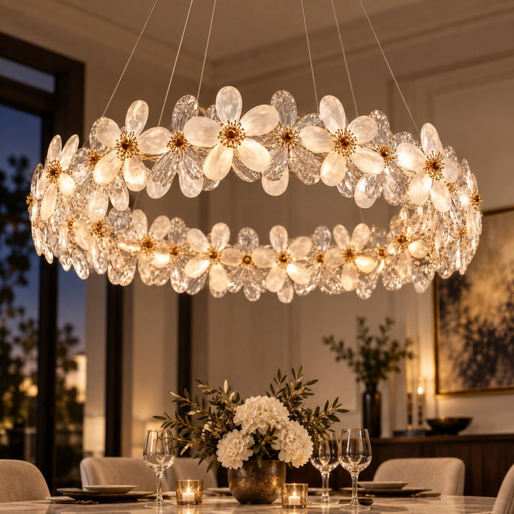 Modern Crystal Chandelier Adjustable Height K9 Crystal LED Hanging Light Fixture with Three Color Temperatures