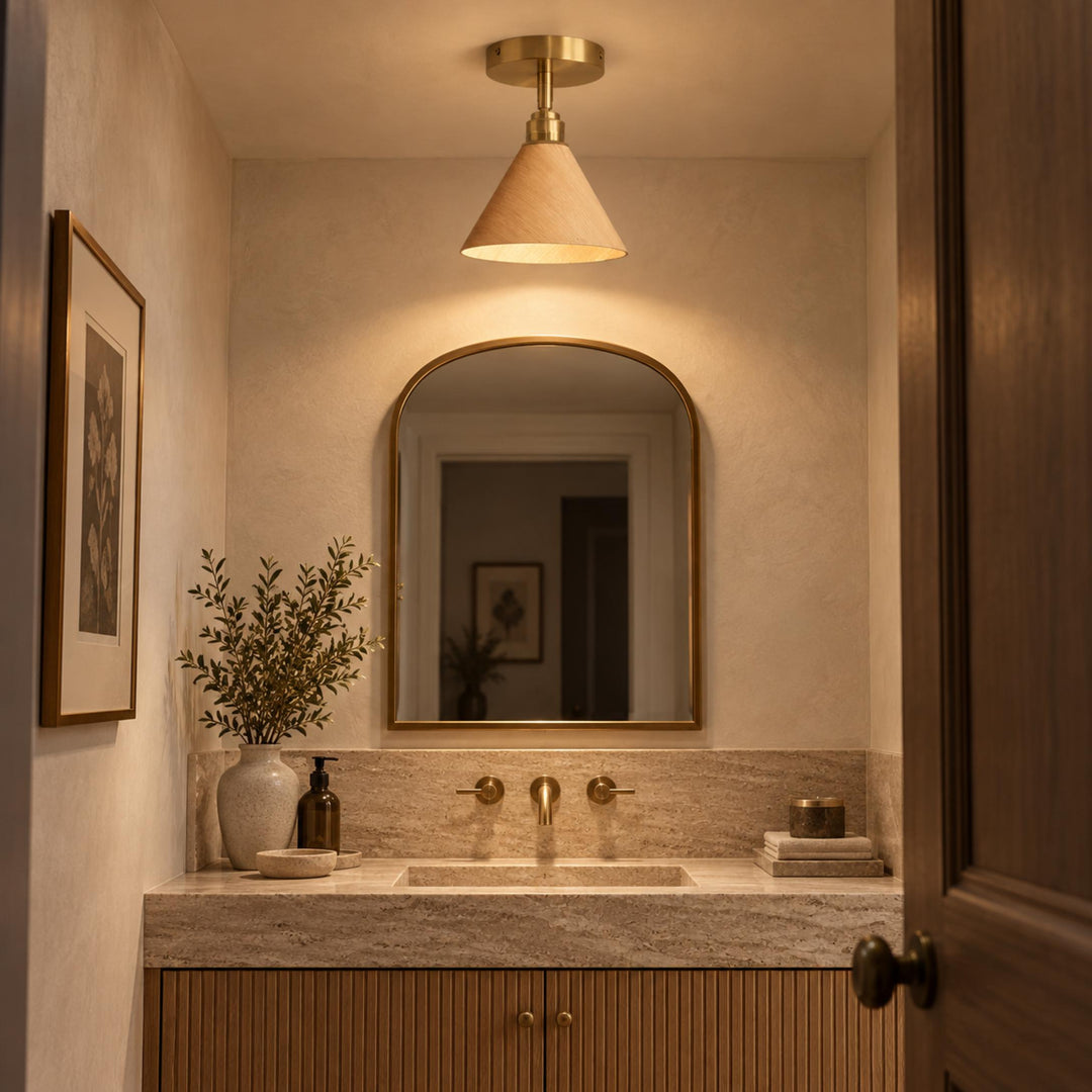 Modern Semi-Flush Ceiling Light Walnut Wood Brushed Brass LED Compatible Indoor Fixture