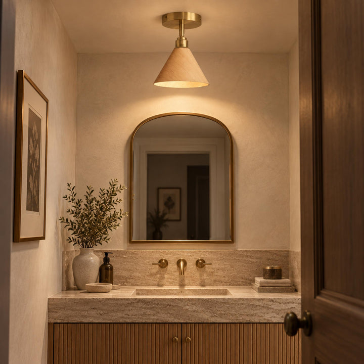 Modern Semi-Flush Ceiling Light Walnut Wood Brushed Brass LED Compatible Indoor Fixture
