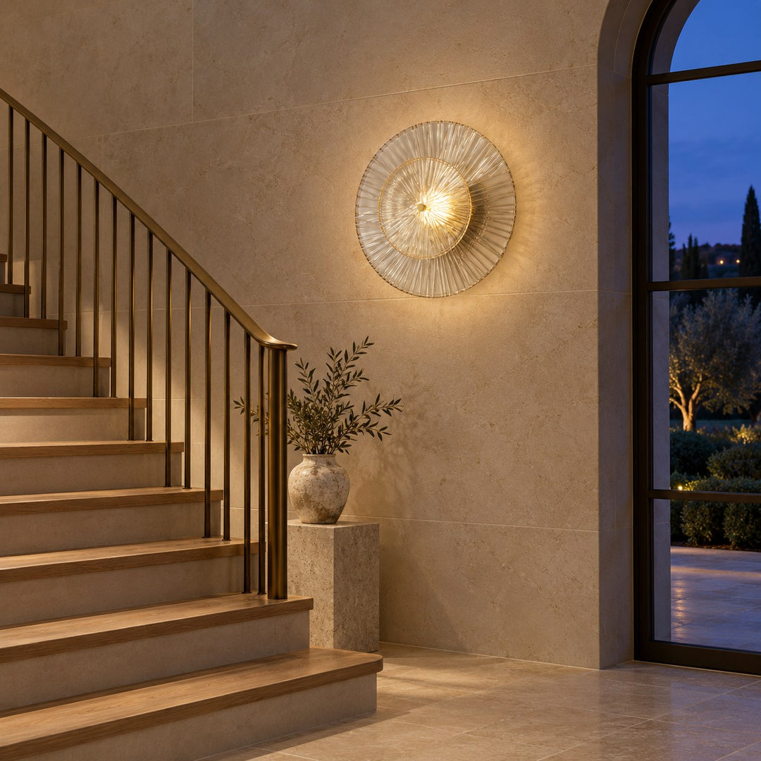 Layered Fluted Glass LED Wall Sconce – Brass Interior Wall Light