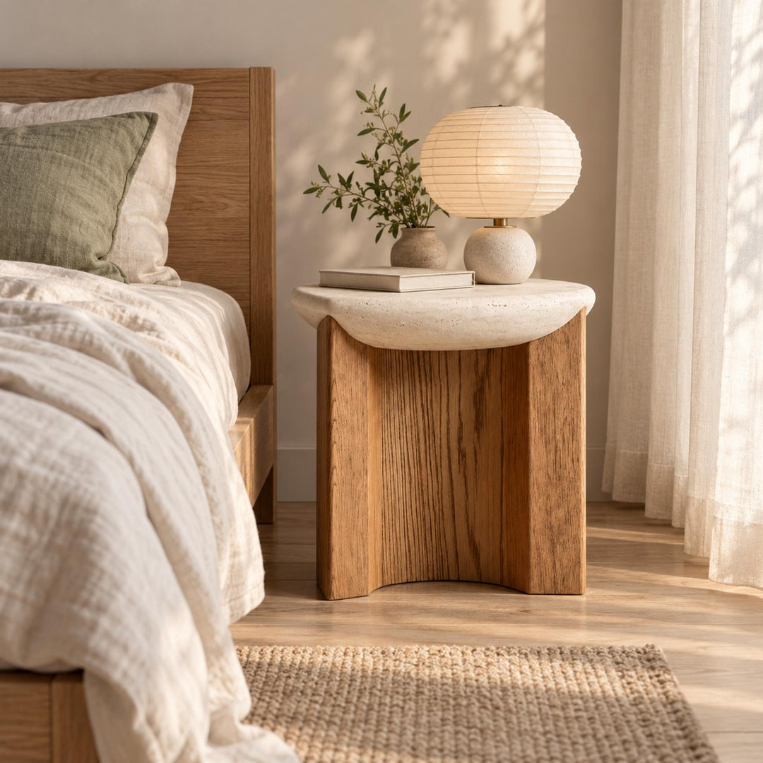 Modern Side Table Irregular Round Shape Solid Wood and Travertine Stone for Contemporary Interiors