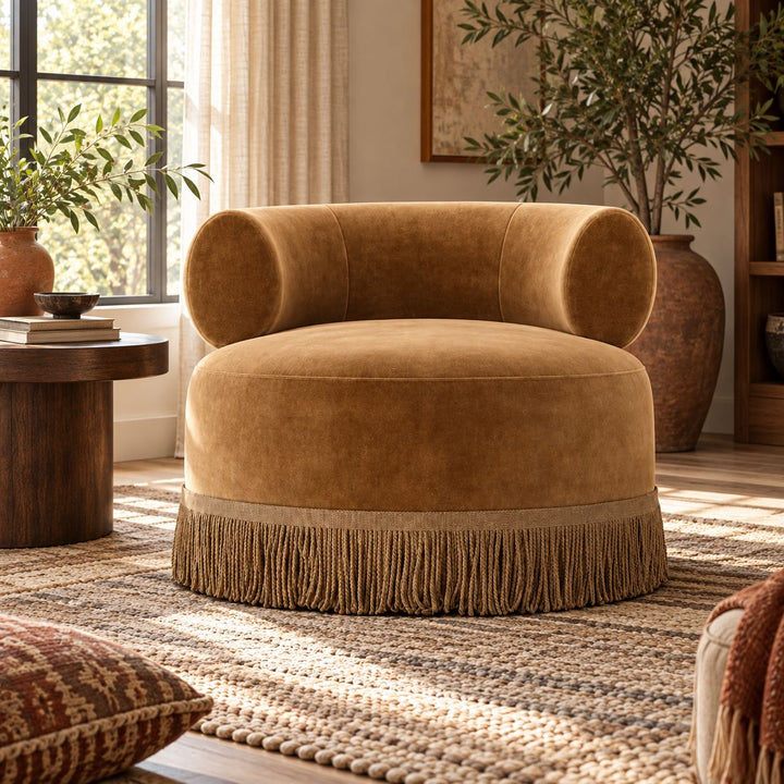 Modern Swivel Accent Chair Plush Fabric Oversized Seat With Playful Fringe Skirt