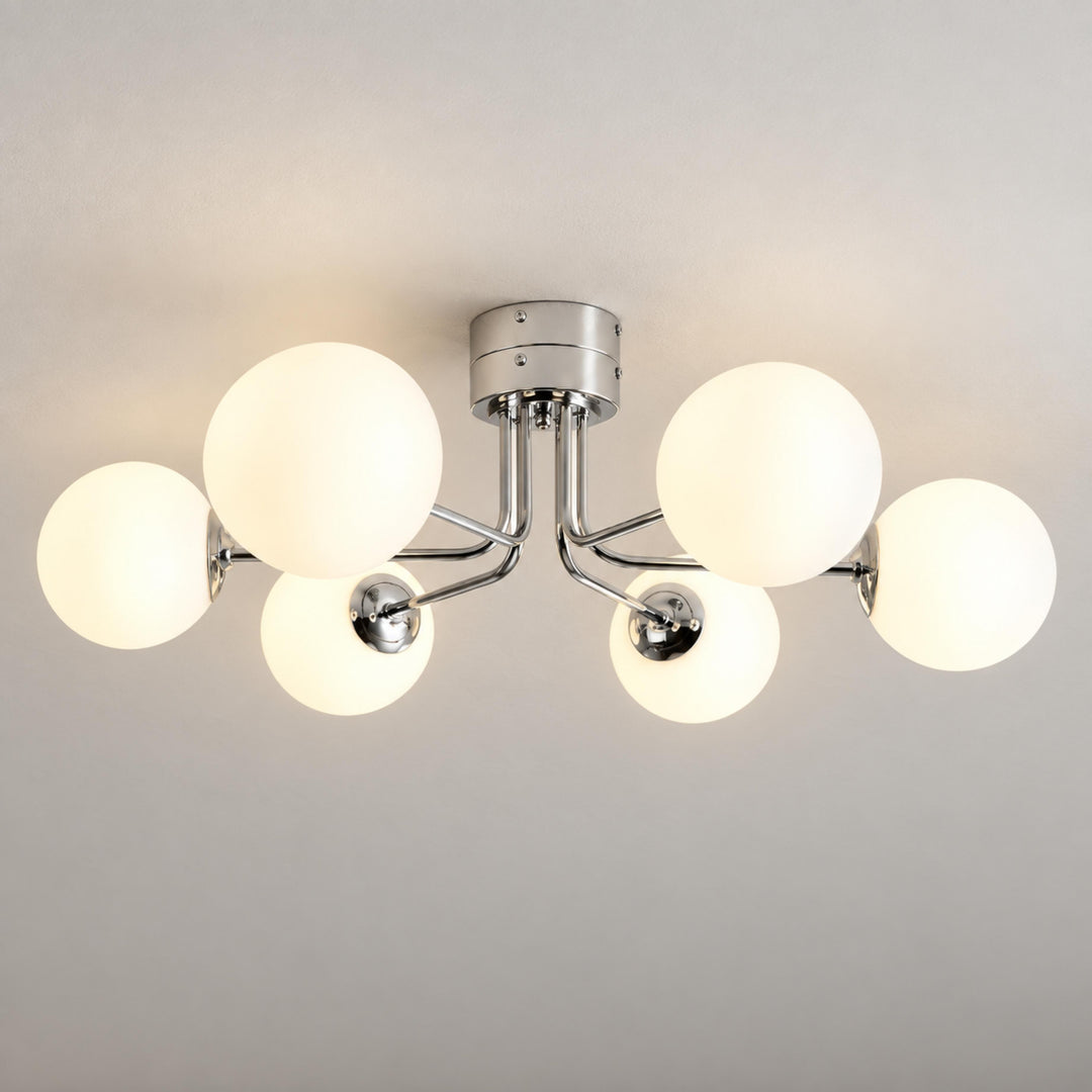 Modern Flush Mount Ceiling Light with Curved Metal and Glass Shade LED Compatible 6 Heads
