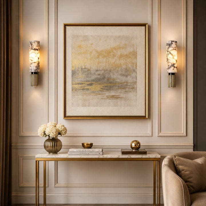 Contemporary Wall Light Wall Mounted Alabaster Cylinder Fluted Copper Base LED Sconce 38cm