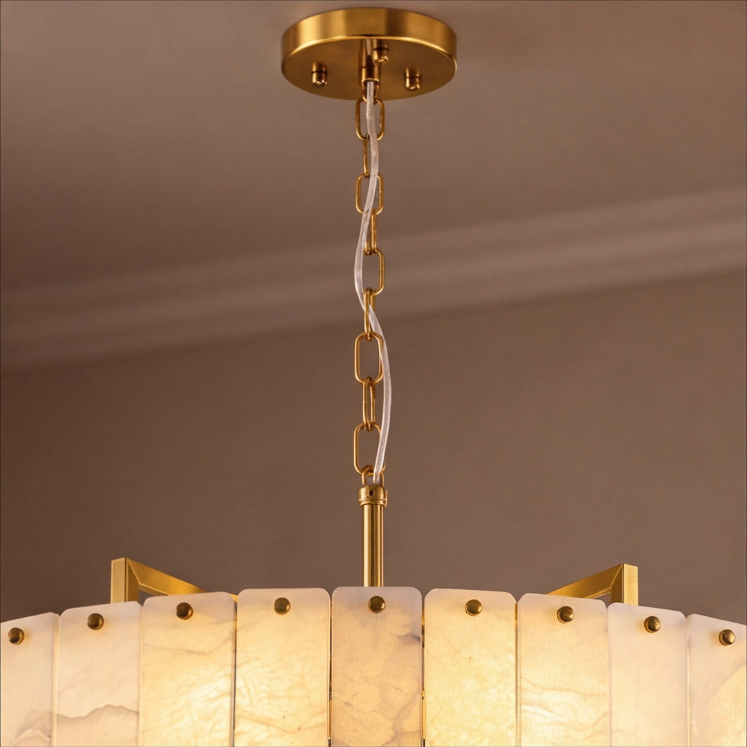 Modern Designer Chandelier Hanging Alabaster and Brass LED Light Fixture Adjustable Height