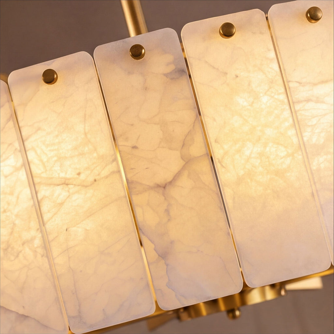 Modern Designer Chandelier Hanging Alabaster and Brass LED Light Fixture Adjustable Height
