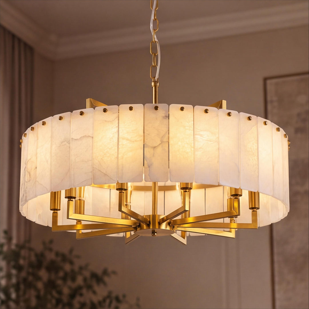 Modern Designer Chandelier Hanging Alabaster and Brass LED Light Fixture Adjustable Height