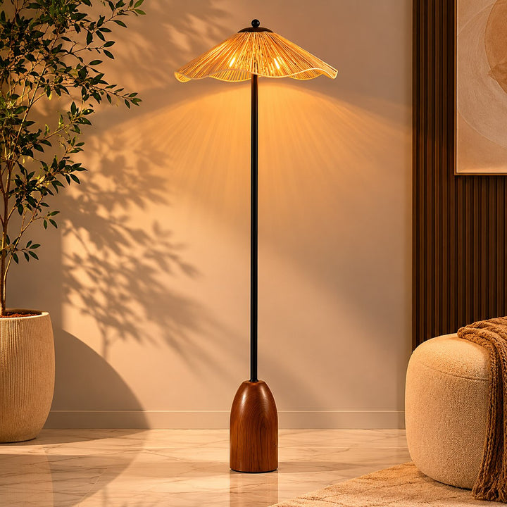 Modern Floor Lamp Adjustable Height Natural Raffia Shade Walnut Base Dimmable Ambient Light