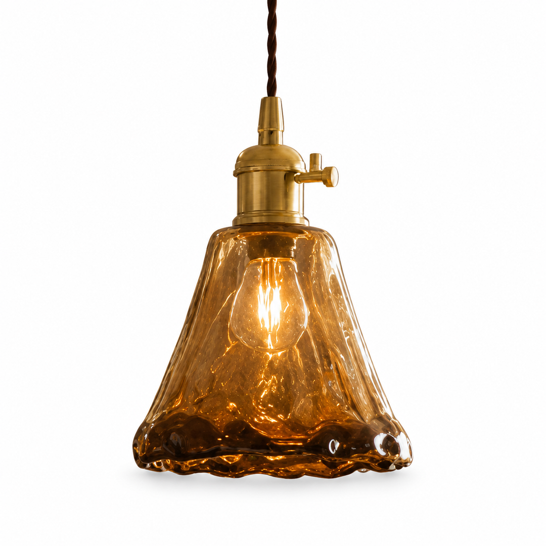 Vintage Brass Pendant Light with Adjustable Hanging Amber Glass Shade for Indoor Lighting