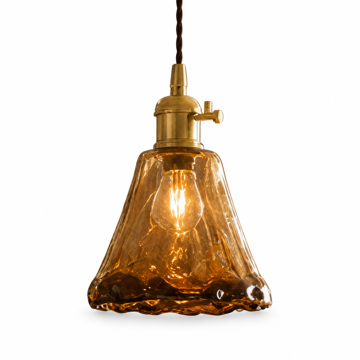 Vintage Brass Pendant Light with Adjustable Hanging Amber Glass Shade for Indoor Lighting