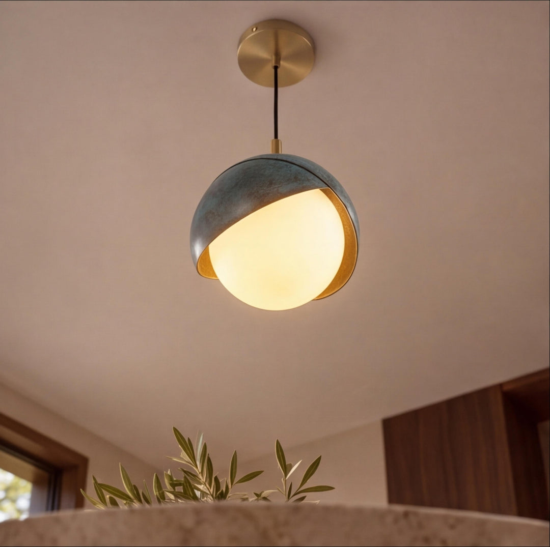 Modern Deep Sea Blue Glass Globe Pendant Light with Brass – G9 Ceiling Light