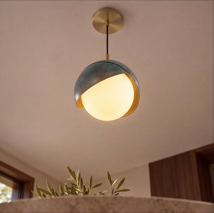 Modern Deep Sea Blue Glass Globe Pendant Light with Brass – G9 Ceiling Light