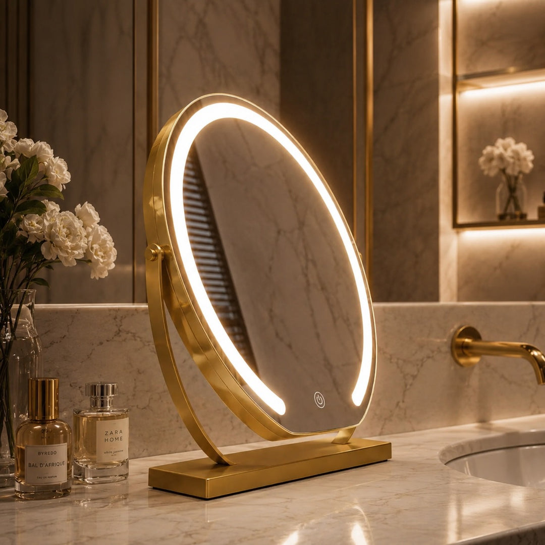 Modern Makeup Mirror with Lights Tabletop Adjustable 15x Magnification LED Energy Efficient