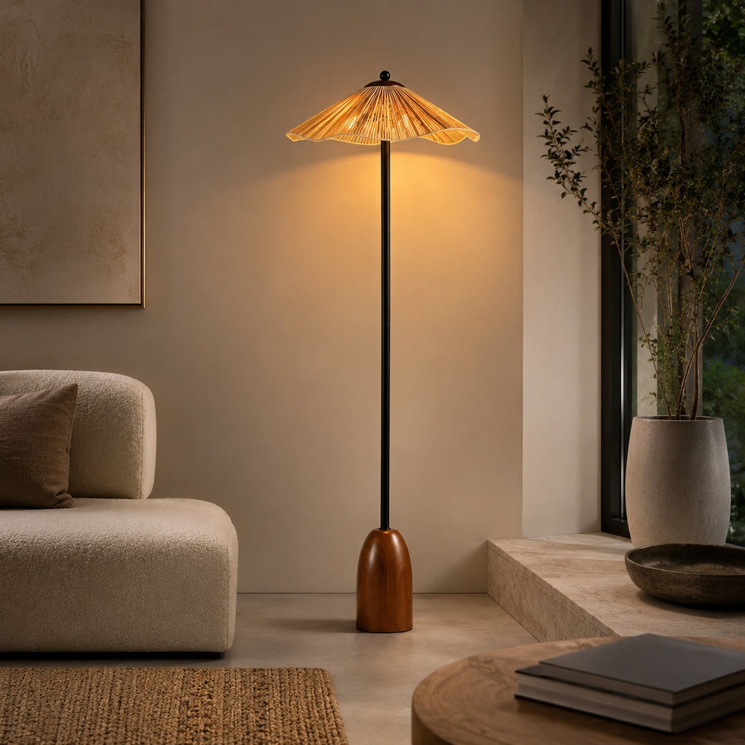 Modern Floor Lamp Adjustable Height Natural Raffia Shade Walnut Base Dimmable Ambient Light