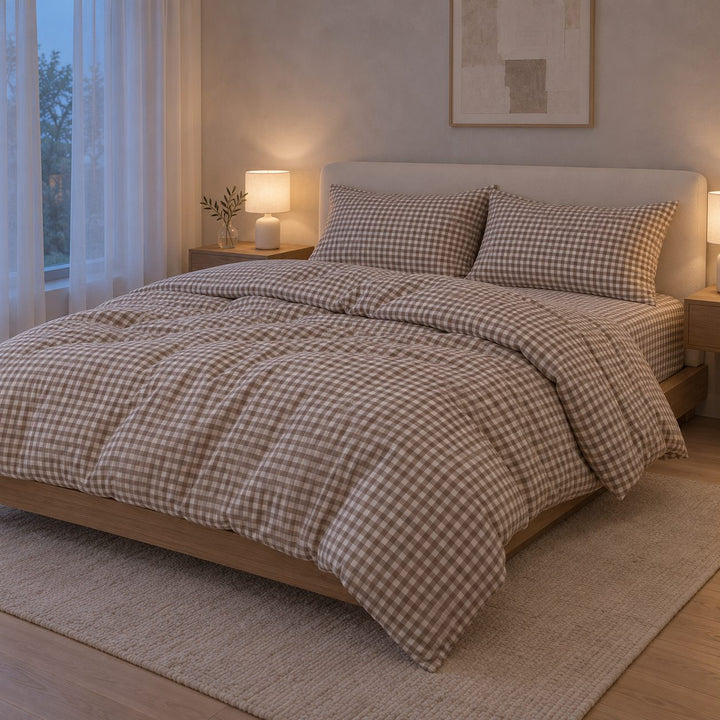 Classic Gingham Bedding Set Cotton Duvet Covers with Invisible Zipper and Corner Ties