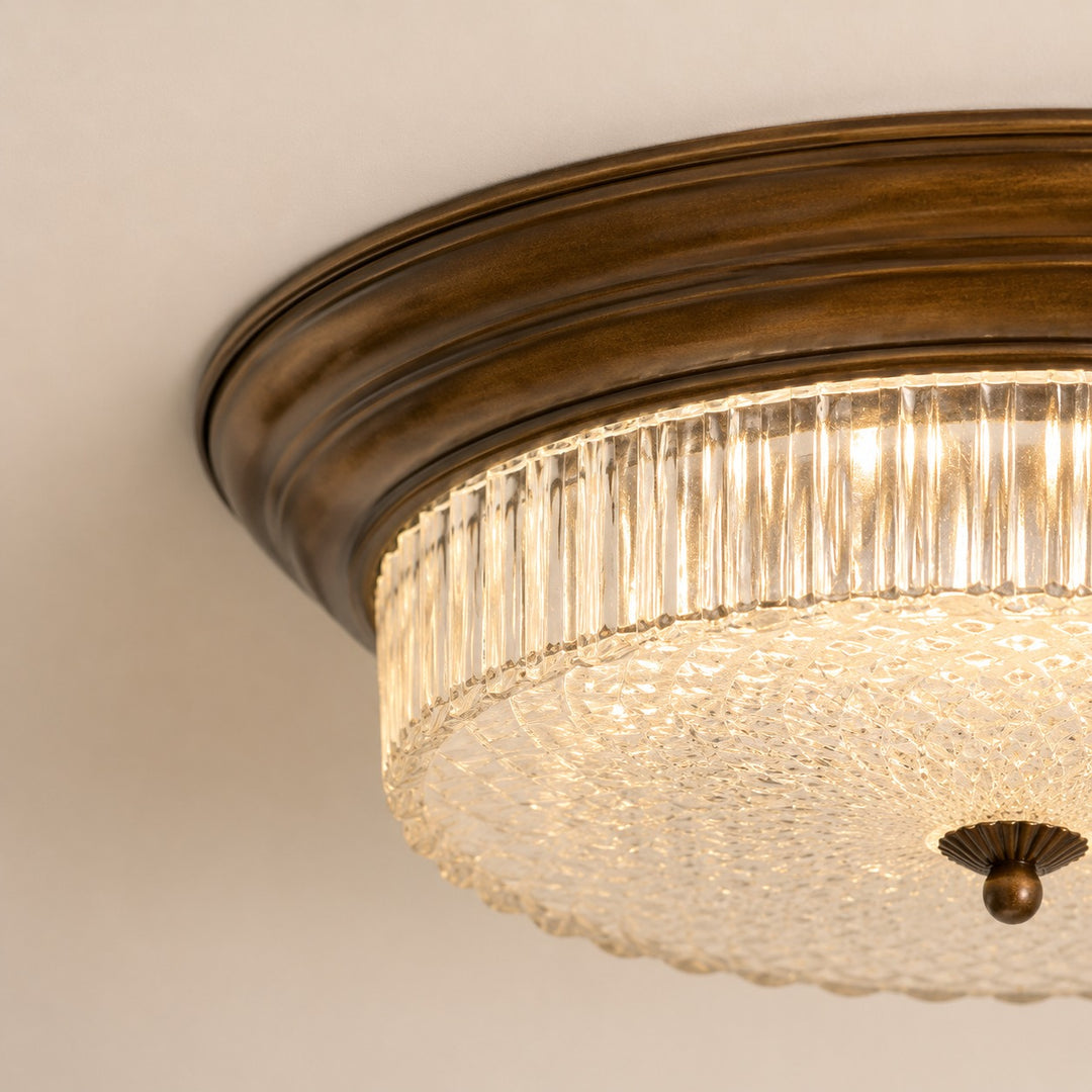 Vintage Brass & Ribbed Glass LED Flush Mount Ceiling Light