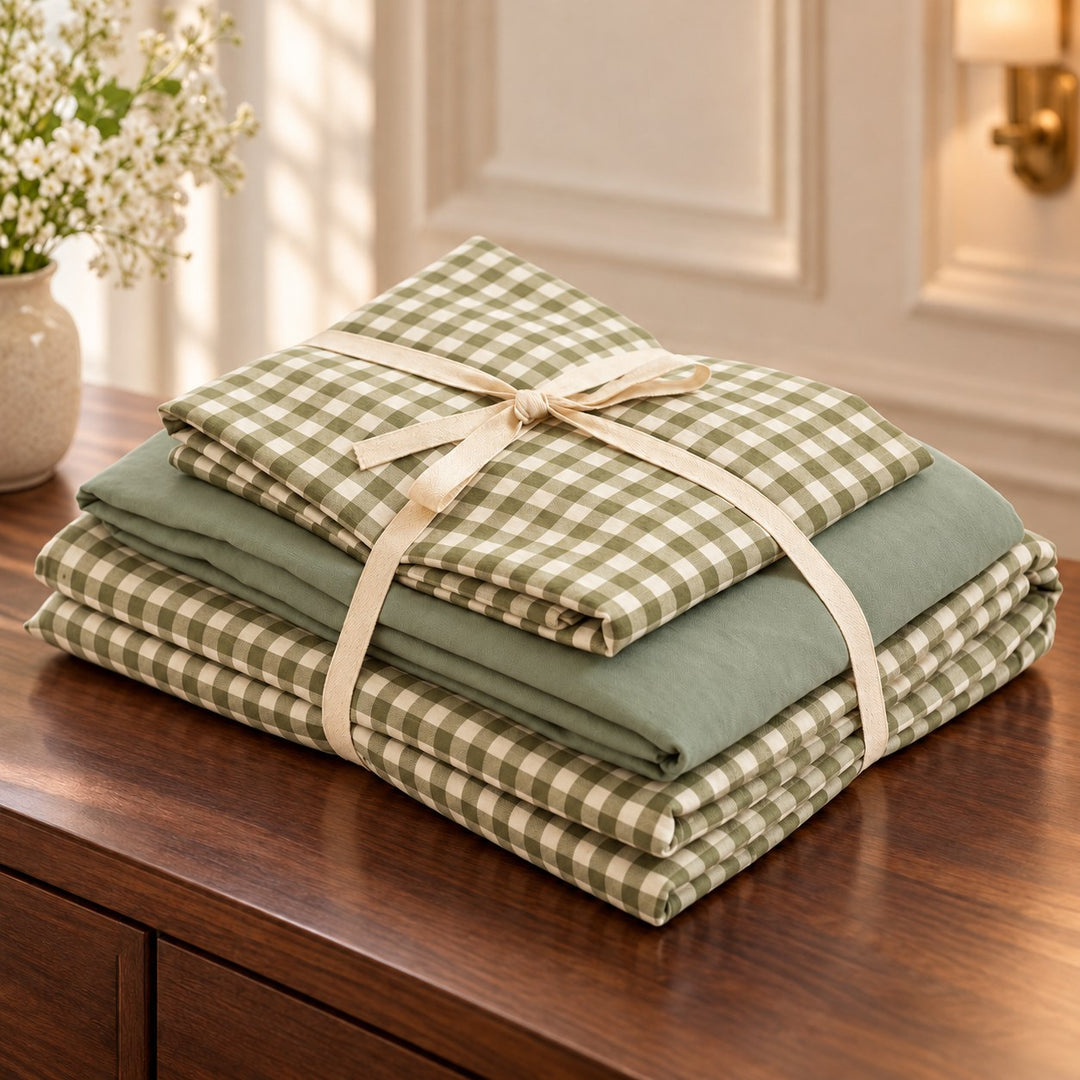 Classic Gingham Bedding Set Cotton Duvet Covers with Invisible Zipper and Corner Ties