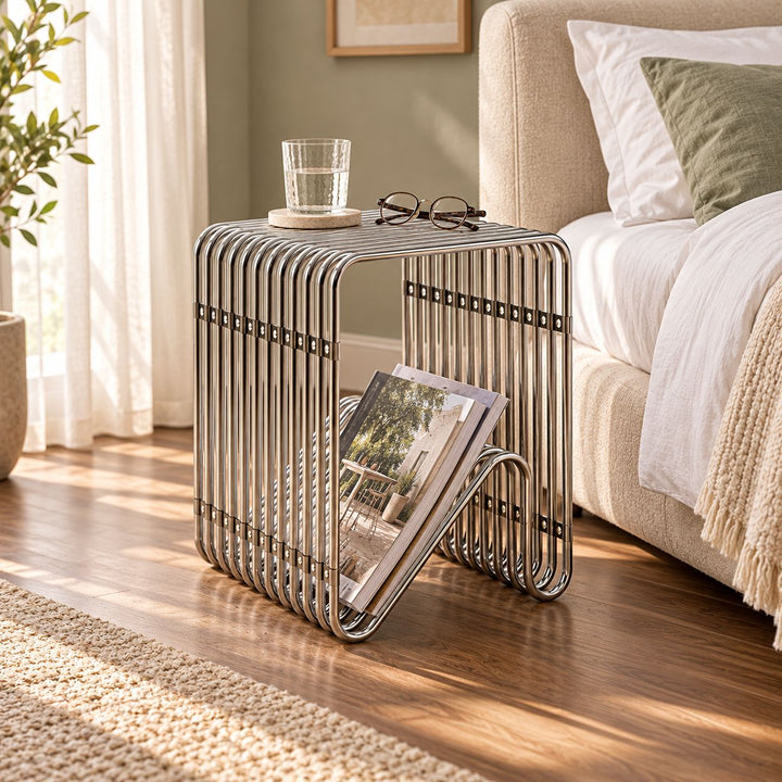 Modern Stainless Steel Side Table with Magazine Holder Space-Saving Design for Living Room and Bedroom