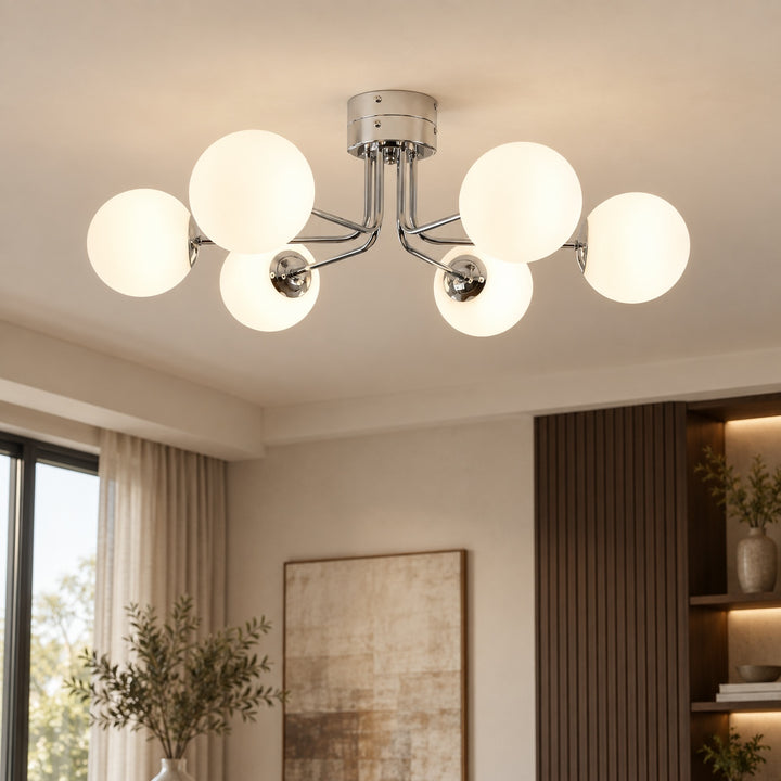 Modern Flush Mount Ceiling Light with Curved Metal and Glass Shade LED Compatible 6 Heads