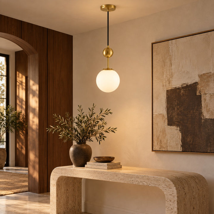 Modern Brass Globe Pendant Light with White Glass Shade – E14 Hanging Light