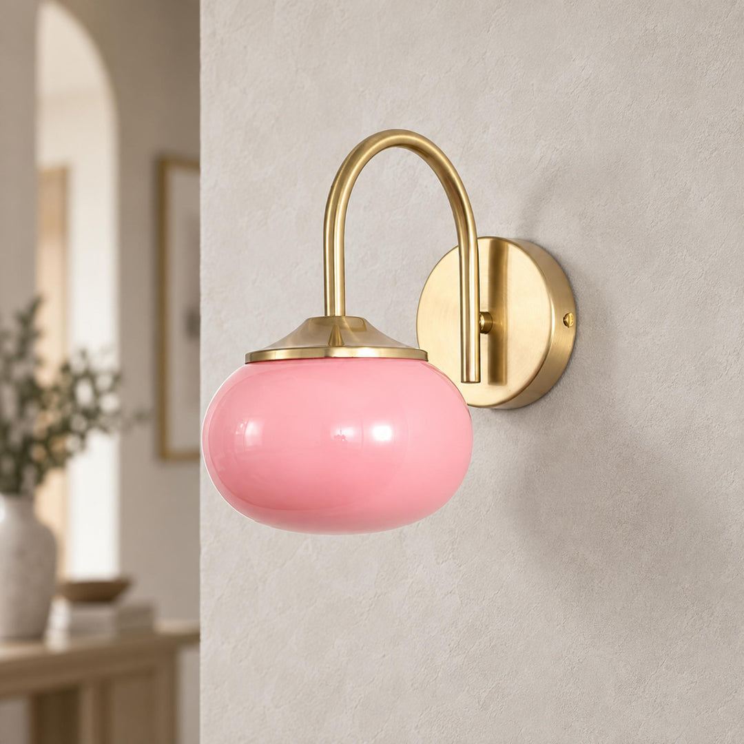 Modern Wall Light Copper Fixture with Pink Glass Shade for Indoor LED Bulbs