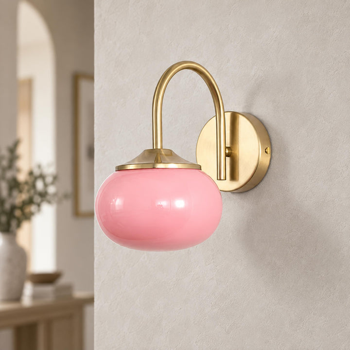 Modern Wall Light Copper Fixture with Pink Glass Shade for Indoor LED Bulbs
