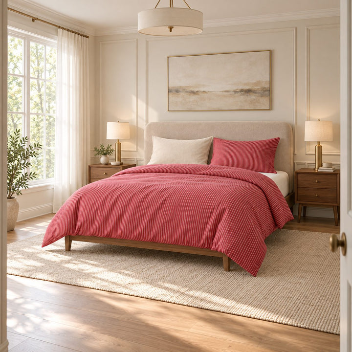 Minimalist Bedding Set Thin Striped Duvet Cover and Pillowcases Washed Cotton Breathable Comforter