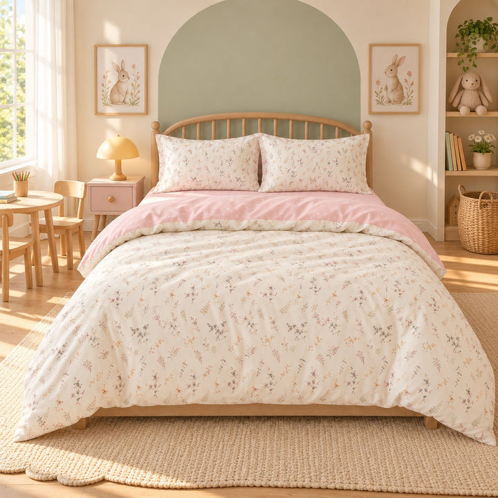 Floral Print Bedding Set in Pale Pink Color Soft Polyester Duvet Cover and Flat Sheet