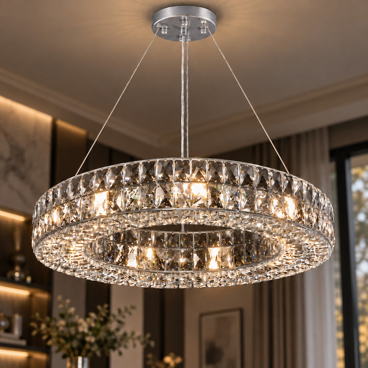 Modern Crystal Chandelier Adjustable Height Gold Metal Frame LED Lighting 9 to 16 Lights