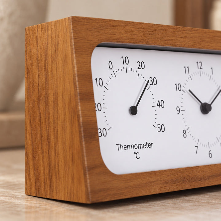 Minimalist Wooden Desk Clock with Temperature and Humidity Meter Battery Operated Bamboo