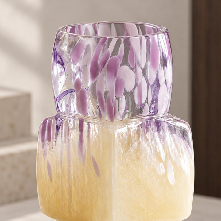 Modern Glass Vase Cube-Form Handcrafted Yellow Lavender Speckled Design 30cm Home Decor