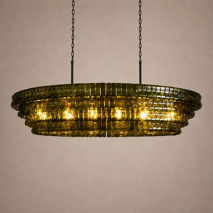 Modern Oval Chandelier Light Adjustable Hanging Steel Glass Fixture with 5 or 12 Bulb Options