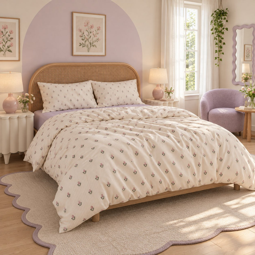 Vintage Floral Print Bedding Set Polyester Duvet Cover Flat Sheet Pillow Case Cozy Design