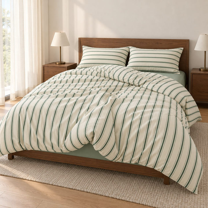 Minimalist Bedding Set Green Striped Duvet Cover Polyester Lightweight Soft Comfortable